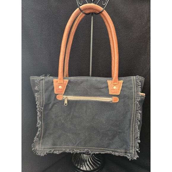 Myra Bags Upcycled Canvas Sel De Mer France Fringe Tote Bag Womens Navy - Picture 2 of 5